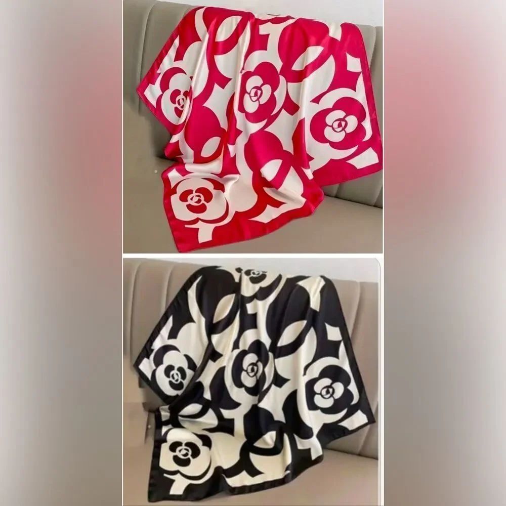 Camellia Print Square Classic Satin Scarf - Choose Color! Red or Black!